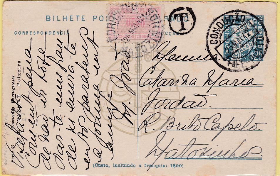 1673.jpg -     Lote:    1673      Lotes pelo Correio      Portugal        Descrição:         1941 &mdash; Tudo pela Nação. OM92, $25 azul claro. N.º 24, circulado pela Condução Fafe-Porto (26.05.42) para Matosinhos, porteado com 20c, selo tipo Etiqueta.        IC       Valor Base:     &euro; 6,00     Valor Venda:     &euro; 10,00     