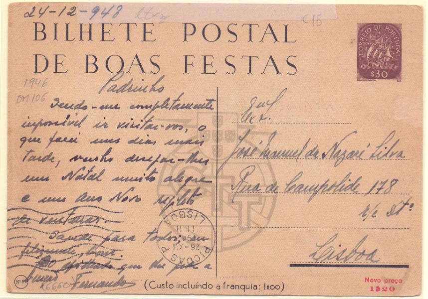 1681.jpg -     Lote:    1681      Lotes pelo Correio      Portugal        Descrição:         1946 &mdash; Boas Festas. Selo tipo Caravela. OM106, $30 Caravela com sobrecarga "Novo Preço 1$20". Nº 89, circulado.        IC       Valor Base:     &euro; 10,00     Valor Venda:     &euro; 10,00     