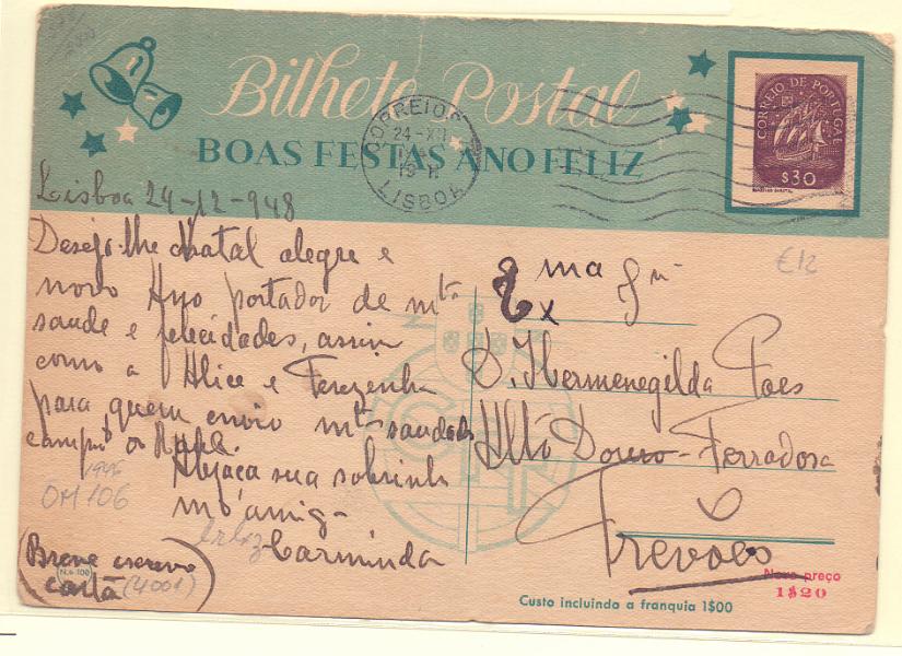 1683.jpg -     Lote:    1683      Lotes pelo Correio      Portugal        Descrição:         1946 &mdash; Boas Festas. Selo tipo Caravela. OM106, $30 Caravela com sobrecarga "Novo Preço 1$20". Nº 100, circulado.        IC       Valor Base:     &euro; 10,00     Valor Venda:     Retirado     