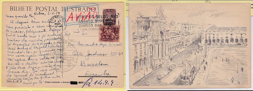 1689.jpg -     Lote:    1689      Lotes pelo Correio      Portugal        Descrição:         1953 &mdash; Caravela. OM128. Série E n.º 4 (Terreiro do Paço), $50 s/ $30. Circulado de Lisboa (03.10.59) para Espanha com selo adicional de 1$00 Cavaleiro medieval.        IC       Valor Base:     &euro; 5,00     Valor Venda:     &euro; 8,00     