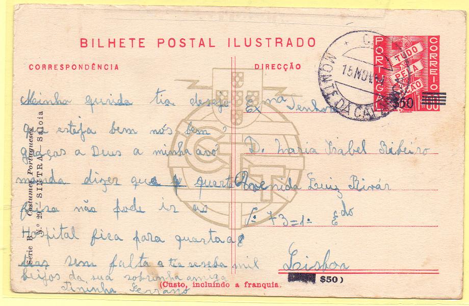 1693.jpg -     Lote:    1693      Lotes pelo Correio      Portugal        Descrição:         1953 &mdash; Bilhetes Postais série B (Costumes Portugueses), com selo TPN, com sobretaxa. OM127, n.º 29 (Sintra &mdash; Saloia), 1$00 s/ $25. Circulado de Monte da Caparica (15.11.54) para Lisboa.        IC       Valor Base:     &euro; 10,00     Valor Venda:     Retirado     