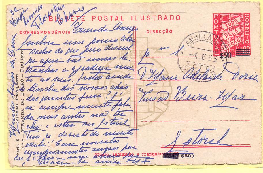 1694.jpg -     Lote:    1694      Lotes pelo Correio      Portugal        Descrição:         1953 &mdash; Bilhetes Postais série B (Costumes Portugueses), com selo TPN, com sobretaxa. OM127, n.º 2 (Miranda do Douro - Pauliteiro), 1$00 s/ $25. Circulado pela Ambulância Corgo II (04.06.55) para Setúbal.        IC       Valor Base:     &euro; 10,00     Valor Venda:     Retirado     