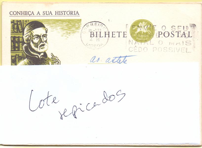 1697.jpg -     Lote:    1697      Lotes pelo Correio      Portugal        Descrição:         Inteiros postais repicados: Lote com 6 inteiros repicados: OM137 n.º 56 repicado pelo SPORTING CLUBE DE PORTUGAL + OM137, n.º 65, repicado por CONSERVATORIO REGISTO AUTOMÓVEL DE LISBOA + OM135, n.º 20 repicado por SPORTING CLUBE DE PORTUGAL, OM137, n.º 52 por COMPANHIA DOS CAMINHOS DE FERRO PORTUGUESES. Lote a ver.        IC       Valor Base:     &euro; 10,00     Valor Venda:     &euro; 24,00     