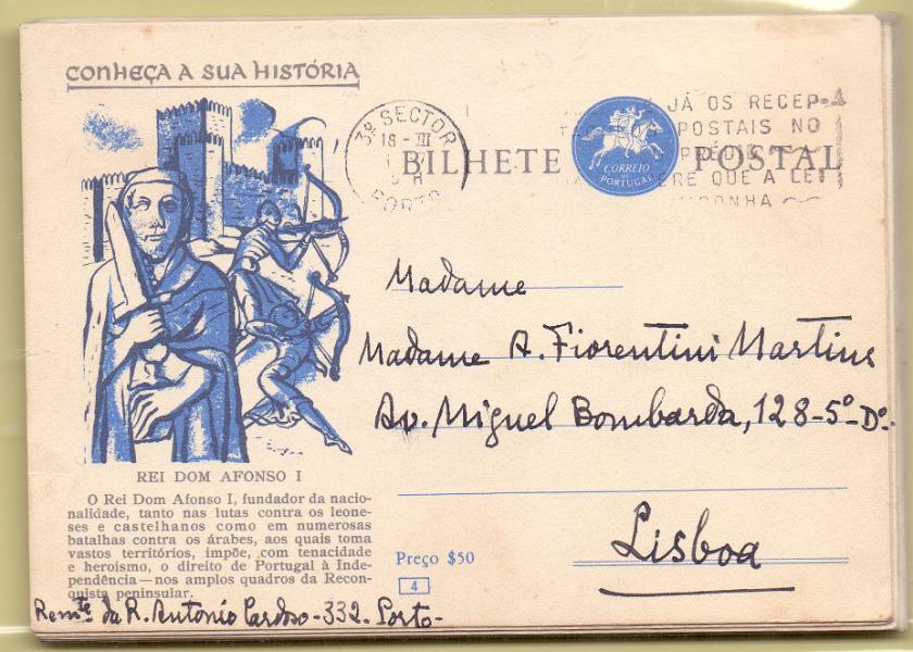 1698.jpg -     Lote:    1698      Lotes pelo Correio      Portugal        Descrição:         1956 &mdash; 1.ª série "Conheça a sua História". Emblema dos CTT (Postilhão). OM135 ($50) azul. Lote com 17 inteiros circulados n.ºs 1, 2, 4(2), 5(2), 7, 9, 10, 12, 14, 15, 16(2), 19 e 20(2).        IC       Valor Base:     &euro; 15,00     Valor Venda:     &euro; 26,00     