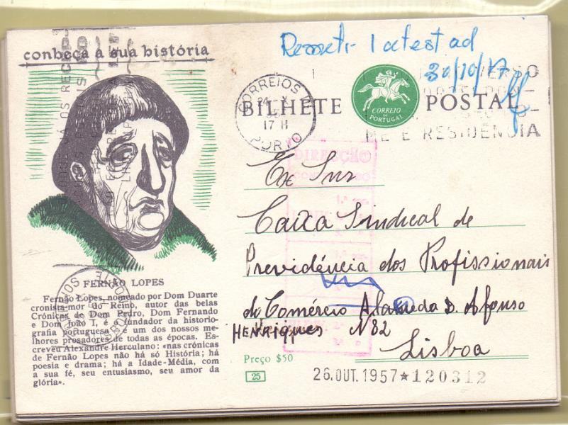 1699.jpg -     Lote:    1699      Lotes pelo Correio      Portugal        Descrição:         1957 &mdash; 2.ª série "Conheça a sua História". Emblema dos CTT (Postilhão). OM137 ($50) verde. Lote com 26 inteiros circulados n.ºs 22, 25, 26, 27, 31, 32, 33, 34(2), 36, 37, 38(2), 41(2), 43, 46, 47, 48, 50(2), 51, 52(2).        IC       Valor Base:     &euro; 20,00     Valor Venda:     &euro; 34,00     
