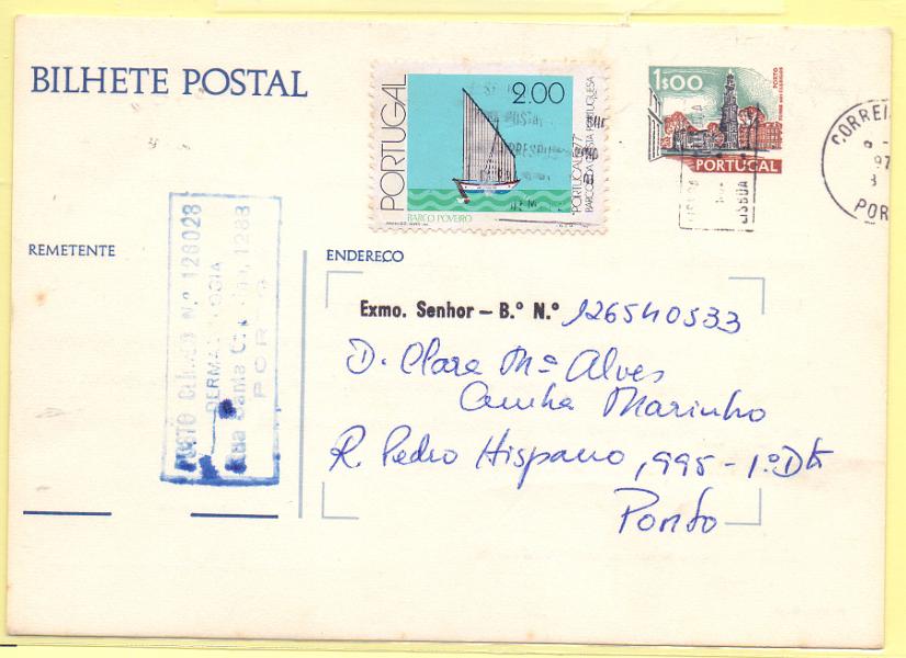 1705.jpg -     Lote:    1705      Lotes pelo Correio      Portugal        Descrição:         1974 &mdash; Paisagens e Monumentos. OM162a (variedade para entidades, por requisição), 1$00 circulado com selo adicional CE1348 no Porto (15.04.80). Repicado pela Caixa de Previdência de Braga.        IC       Valor Base:     &euro; 5,00     Valor Venda:     Retirado     