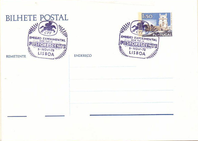 1706.jpg -     Lote:    1706      Lotes pelo Correio      Portugal        Descrição:         1975 &mdash; Selo tipo Paisagens e Monumentos. OM163, 1$50. Novo com tarja fosforescente e carimbo comemorativo da emissão experimental. Lote com 3 inteiros iguais.         IN       Valor Base:     &euro; 4,00     Valor Venda:     Retirado     