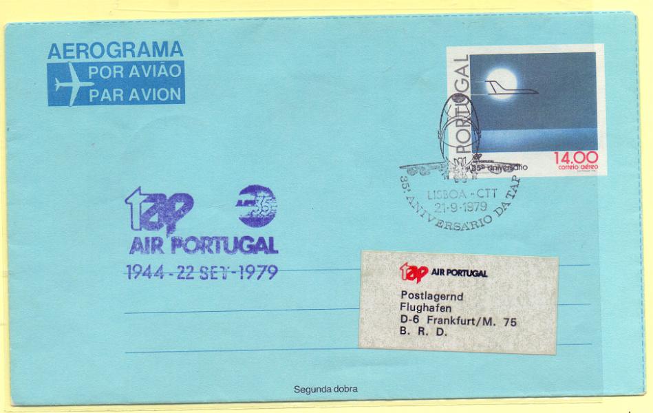 1717.jpg -     Lote:    1717      Lotes pelo Correio      Portugal        Descrição:         1979 &mdash; Aerograma. 35.º Aniversário da TAP. OM1. Circulado com carimbo comemorativo do evento.        IC       Valor Base:     &euro; 3,00     Valor Venda:     Retirado     