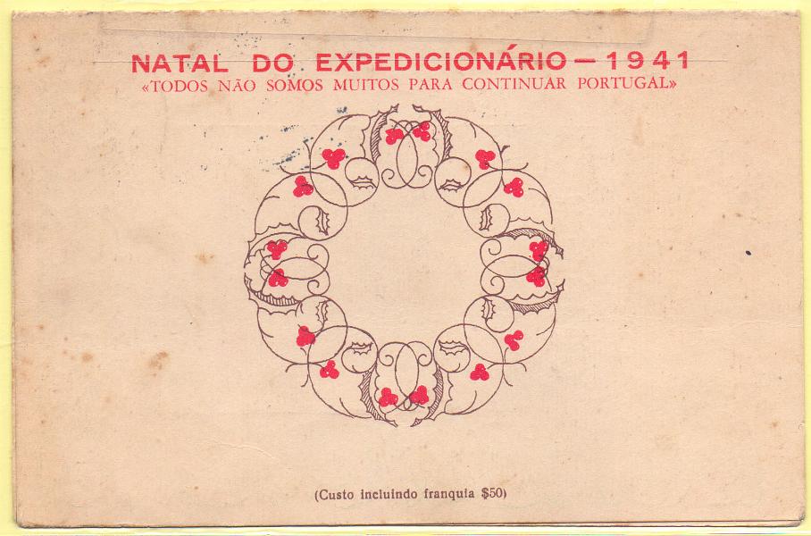 1719.jpg -     Lote:    1719      Lotes pelo Correio      Portugal        Descrição:         1941 &mdash; Forças Mobilizadas &mdash; 2.ª Guerra Mundial. Bilhetes de Boas Festas com sobrecarga "NATAL DO EXPEDECIONÁRIO &mdash; 1941". OM FM1. ($25) n.º 9 (Adoração). Circulado da terceira para o Estoril (10.01.42).        IC       Valor Base:     &euro; 10,00     Valor Venda:     Retirado     