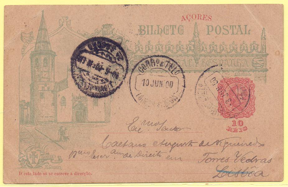 1721.jpg -     Lote:    1721      Lotes pelo Correio      Açores       Descrição:         1898 &mdash; 4.º Centenário do Descobrimento do Caminho Marítimo para a Índia. OM20A. 10 reis. Circulado de Ponta Delgada (03.06.00) para Torres Vedras (10.06.00).        IC       Valor Base:     &euro; 8,00     Valor Venda:     Retirado     