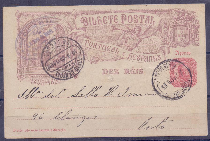 1722.jpg -     Lote:    1722      Lotes pelo Correio      Açores       Descrição:         1898 &mdash; 4.º Centenário do Descobrimento do Caminho Marítimo para a Índia. OM29F, 10 reis. OM20F, 10 reis. Circulado de Ponta Delgada (15.08.05) para o Porto (20.08.05).        IC       Valor Base:     &euro; 10,00     Valor Venda:     Retirado     
