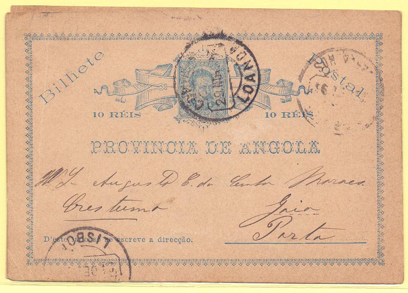 1724.jpg -     Lote:    1724      Lotes pelo Correio      Angola       Descrição:         1885 &mdash; D. Luís I. OM1. Lote de dois inteiros: um circulado de Luanda (29.11.96) para o Porto e outro novo com carimbo de favor de NOQUI.        IN/IC       Valor Base:     &euro; 4,00     Valor Venda:     Retirado     