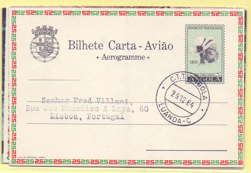 1725.jpg -     Lote:    1725      Lotes pelo Correio      Angola       Descrição:         1963 &mdash; Tipos Indígenas. Bilhetes-cartas do correio aéreo. Lote de 3 bilhetes cartas circulados de 1$50 OM27 + OM32 e OM35.         IC       Valor Base:     &euro; 6,00     Valor Venda:     &euro; 6,00     