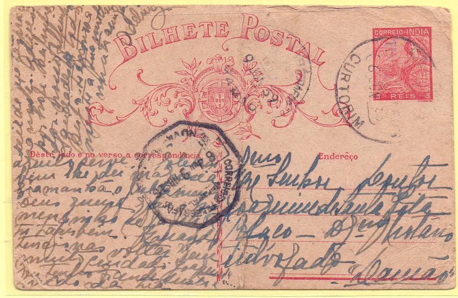 1728.jpg -     Lote:    1728      Lotes pelo Correio      Índia       Descrição:         1934 &mdash; Padrões. OM39. Circulado de Curtorim (06.06.39) para Damão (09.06.39) Carimbo batido a preto de "CURTORIM". Inteiro com dobra vertical.        IC       Valor Base:     &euro; 6,00     Valor Venda:     Retirado     
