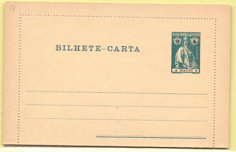 1736.jpg -     Lote:    1736      Lotes pelo Correio      Macau       Descrição:         1913/19 &mdash; Ceres. Bilhetes-Carta. Lote composto por 4 bilhetes-carta de 2, 6 e 10 avos + 4 avos. OM 17, 19, 20 e 24. Novos.        IN       Valor Base:     &euro; 5,00     Valor Venda:     &euro; 5,00     