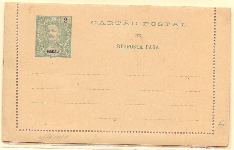 1737.jpg -     Lote:    1737      Lotes pelo Correio      Macau       Descrição:         1903/05 &mdash; D. Carlos I Mouchon. Bilhetes-Carta. OM5, 2+2 avos. Novo.        IN       Valor Base:     &euro; 10,00     Valor Venda:     &euro; 10,00     