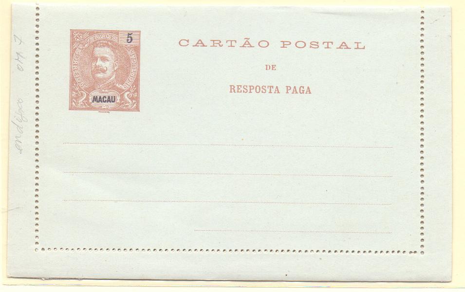 1738.jpg -     Lote:    1738      Lotes pelo Correio      Macau       Descrição:         1903/05 &mdash; D. Carlos I Mouchon. Bilhetes-Carta. OM7, 5+5 avos. Novo.        IN       Valor Base:     &euro; 10,00     Valor Venda:     &euro; 10,00     