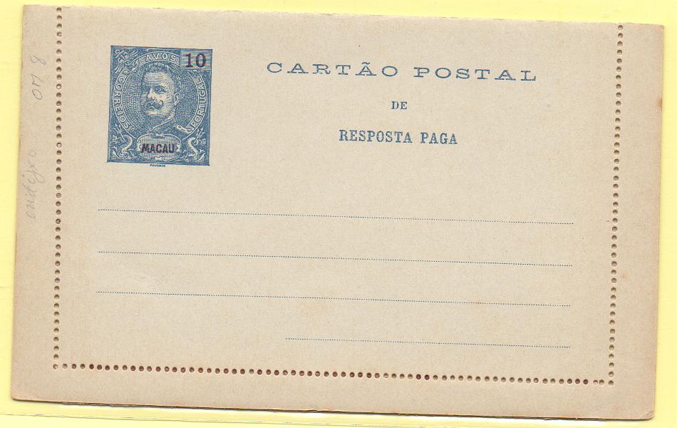 1739.jpg -     Lote:    1739      Lotes pelo Correio      Macau       Descrição:         1903/05 &mdash; D. Carlos I Mouchon. Bilhetes-Carta. OM8, 10+10 avos. Novo. Alguns pontos de óxido nas margens.        IN       Valor Base:     &euro; 5,00     Valor Venda:     &euro; 5,00     