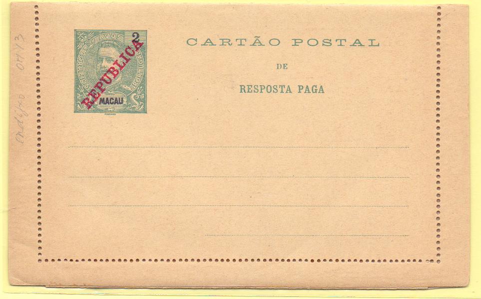 1740.jpg -     Lote:    1740      Lotes pelo Correio      Macau       Descrição:         1912 &mdash; D. Carlos I Mouchon, com sobrecarga REPUBLICA da Casa da Moeda. Bilhetes-Carta. OM13, 2+2 avos. Novo.        IN       Valor Base:     &euro; 10,00     Valor Venda:     &euro; 12,00     