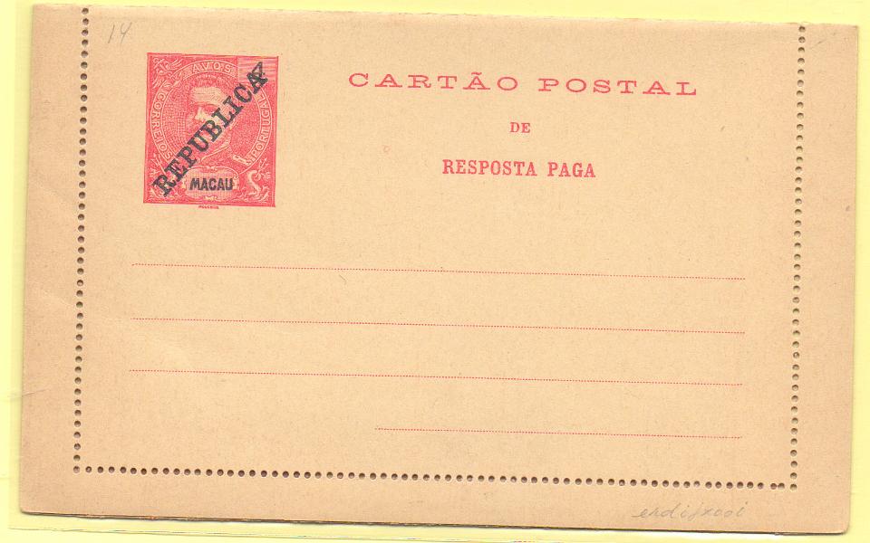 1741.jpg -     Lote:    1741      Lotes pelo Correio      Macau       Descrição:         1912 &mdash; D. Carlos I Mouchon, com sobrecarga REPUBLICA da Casa da Moeda. Bilhetes-Carta. OM14, 4+4 avos. Novo.        IN       Valor Base:     &euro; 10,00     Valor Venda:     &euro; 12,00     