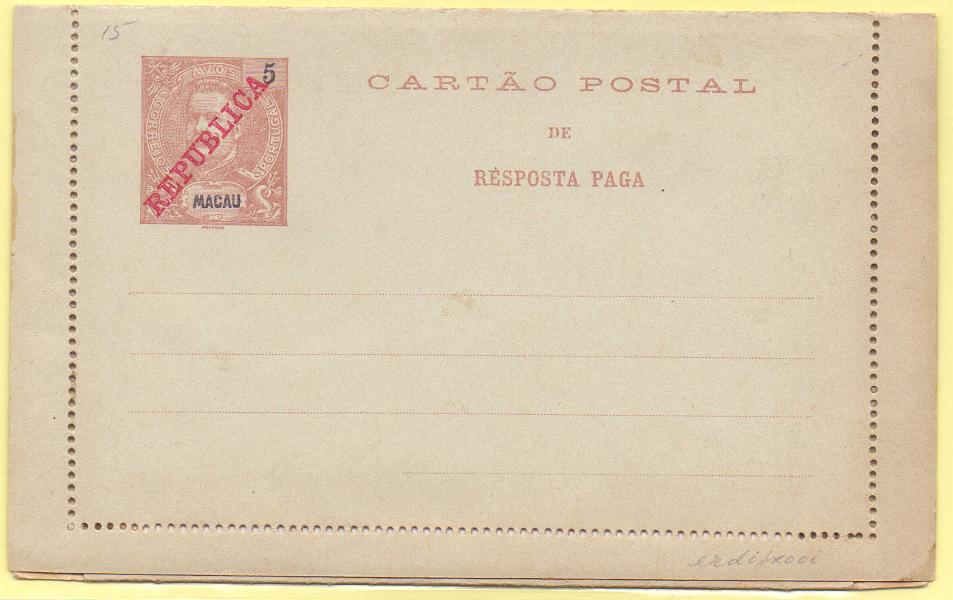 1742.jpg -     Lote:    1742      Lotes pelo Correio      Macau       Descrição:         1912 &mdash; D. Carlos I Mouchon, com sobrecarga REPUBLICA da Casa da Moeda. Bilhetes-Carta. OM15, 5+5 avos. Novo.        IN       Valor Base:     &euro; 10,00     Valor Venda:     &euro; 12,00     