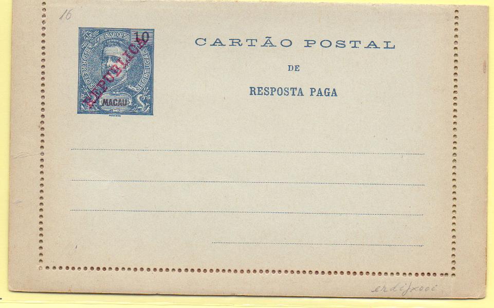 1743.jpg -     Lote:    1743      Lotes pelo Correio      Macau       Descrição:         1912 &mdash; D. Carlos I Mouchon, com sobrecarga REPUBLICA da Casa da Moeda. Bilhetes-Carta. OM16, 10+10 avos. Novo.        IN       Valor Base:     &euro; 10,00     Valor Venda:     &euro; 12,00     