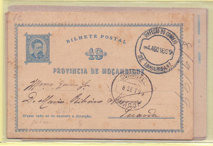 1745.jpg -     Lote:    1745      Lotes pelo Correio      Moçambique       Descrição:         1885 &mdash; D. Luís I. Lote composto por 3x10 reis OM1 * 20 reis, OM2 + 30 reis, OM3. Inteiros de 10 reis em novo e usado + carimbo oval de favor + circulado de Inhambane (04.08.99); inteiros de 20 e 30 reis com carimbos de favor.        Lote       Valor Base:     &euro; 6,00     Valor Venda:     Retirado     