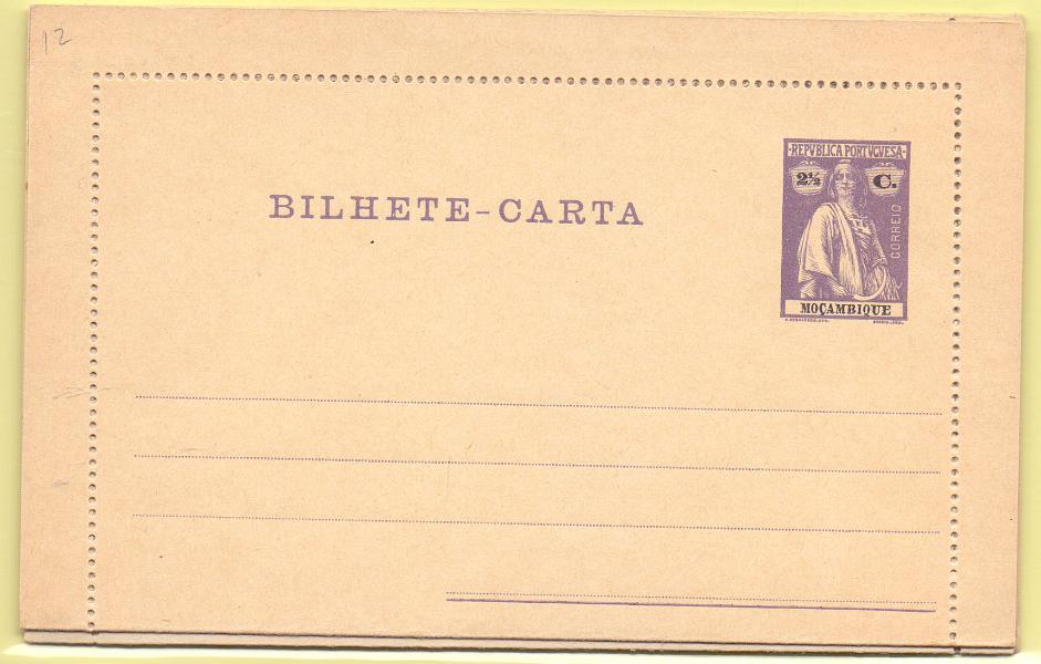 1747.jpg -     Lote:    1747      Lotes pelo Correio      Moçambique       Descrição:         1914 &mdash; Ceres. Bilhetes-carta. Lote com 4 bilhetes das taxas de 2 &frac12;, 5, 2 &frac12;+2 &frac12; e (2 &frac12;)+2 &frac12; C, OM 12/14, novos.        Lote       Valor Base:     &euro; 5,00     Valor Venda:     Retirado     