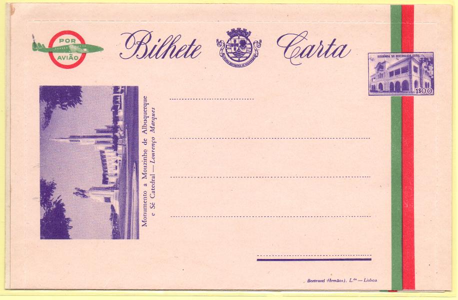 1751.jpg -     Lote:    1751      Lotes pelo Correio      Moçambique       Descrição:         1948 &mdash; Vistas de Moçambique. Bilhetes-carta de correio aéreo. OM3, 1$00 com gravura I &mdash; Monumento a Mouzinho de Albuquerque + OM7, 2$50 com gravura L &mdash; Vista parcial das docas.        IN       Valor Base:     &euro; 5,00     Valor Venda:     &euro; 5,00     