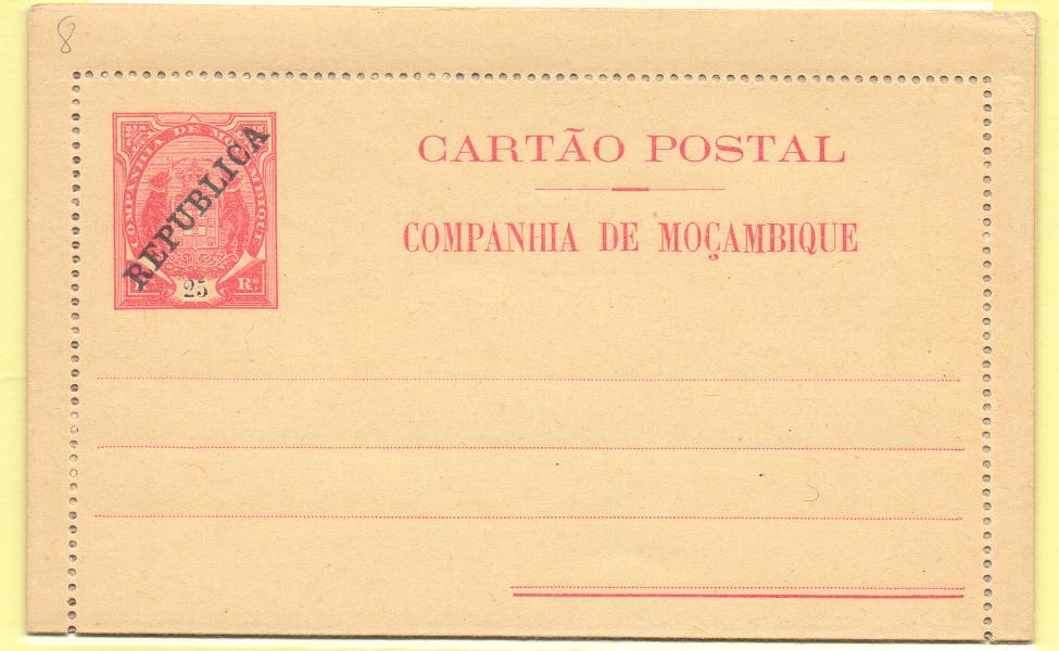 1759.jpg -     Lote:    1759      Lotes pelo Correio      Companhia de Moçambique       Descrição:         1911 &mdash; Elefantes, com sobrecarga REPUBLICA da Casa da Moeda. Bilhetes-carta OM8 e 9a, 25 e 50 reis. Novos.        Lote       Valor Base:     &euro; 4,00     Valor Venda:     &euro; 4,00     