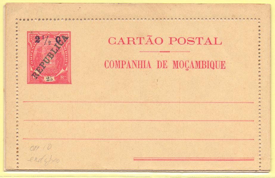 1760.jpg -     Lote:    1760      Lotes pelo Correio      Companhia de Moçambique       Descrição:         1916 &mdash; Elefantes, com sobrecarga e sobretaxa. Bilhetes-carta. OM 10/11, 2 &frac12; c / 25 reis + 5c s/ 50 reis. Novos.        Lote       Valor Base:     &euro; 5,00     Valor Venda:     &euro; 7,00     