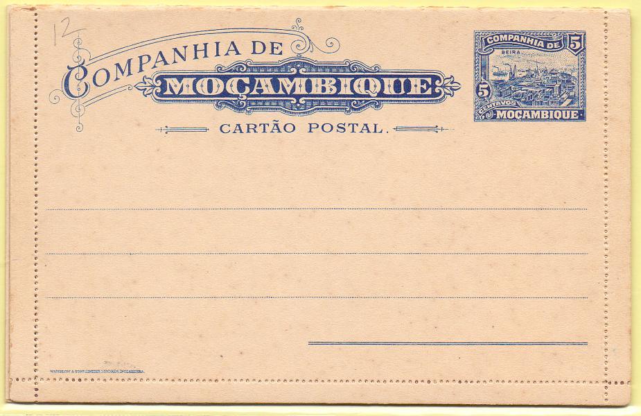 1761.jpg -     Lote:    1761      Lotes pelo Correio      Companhia de Moçambique       Descrição:         1920 &mdash; Motivos diversos. Bilhetes-carta. OM12, 5C + OM13, 6C s/ 4C. Novos.        Lote       Valor Base:     &euro; 5,00     Valor Venda:     &euro; 5,00     