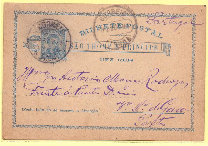 1765.jpg -     Lote:    1765      Lotes pelo Correio      S. Tomé e Príncipe       Descrição:         1885 &mdash; D. Luís I. OM1. Circulado de S. Tomé (25.09.94) para Gaia (11.10.94).        IN/IC       Valor Base:     &euro; 4,00     Valor Venda:     Retirado     