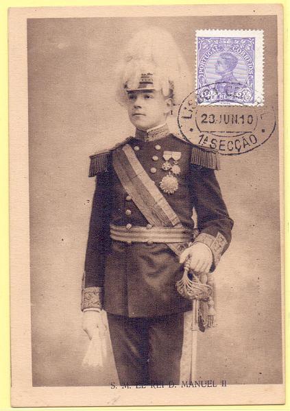 1776.jpg -     Lote:    1776      Lotes pelo Correio             Descrição:         D. Manuel II. Postal ilustrado "S. M. El Rei D. Manuel II concordante com selo de 2 &frac12; reis CE159, obliterado com carimbo de Lisboa (28.06.10).        PM       Valor Base:     &euro; 10,00     Valor Venda:     &euro; 24,00     