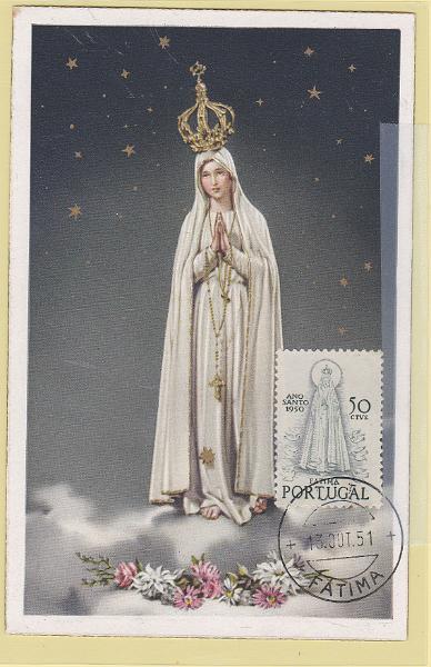 1777.jpg -     Lote:    1777      Lotes pelo Correio             Descrição:         Ano Santo * Nossa Senhora de Fátima. Postal ilustrado concordante com selo de $50 CE719, obliterados com carimbo de Fátima (13.10.51).        PM       Valor Base:     &euro; 12,00     Valor Venda:     Retirado     