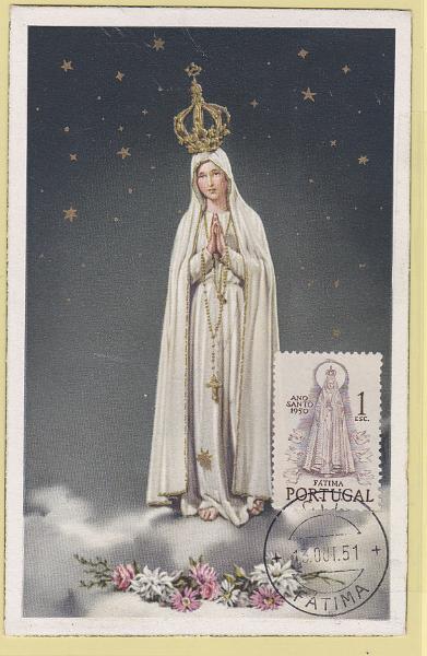 1778.jpg -     Lote:    1778      Lotes pelo Correio             Descrição:         Ano Santo * Nossa Senhora de Fátima. Postal ilustrado concordante com selo de 1$00 CE720, obliterados com carimbo de Fátima (13.10.51).        PM       Valor Base:     &euro; 15,00     Valor Venda:     Retirado     