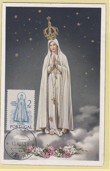 1779.jpg -     Lote:    1779      Lotes pelo Correio             Descrição:         Ano Santo * Nossa Senhora de Fátima. Postal ilustrado concordante com selo de 2$00 CE721, obliterados com carimbo de Fátima (13.10.51).        PM       Valor Base:     &euro; 18,00     Valor Venda:     &euro; 18,00     