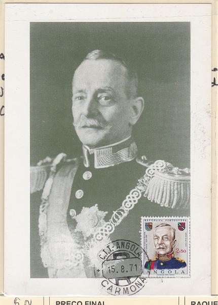 1783.jpg -     Lote:    1783      Lotes pelo Correio             Descrição:         Presidente Carmona. Postal máximo triplo, com postal ilustrado concordante com selo CE552 de Angola, obliterados com marca de dia de Carmona (15.08.71).        PM       Valor Base:     &euro; 8,00     Valor Venda:     Retirado     