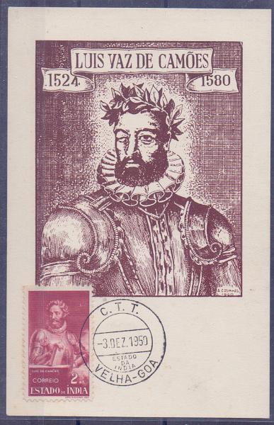 1784.jpg -     Lote:    1784      Lotes pelo Correio             Descrição:         India. Motivos históricos. Luís de Camões. Postal ilustrado concordante com selo de 2 reis CE377, obliterado com carimbo de Velha-Goa (03.12.50).        PM       Valor Base:     &euro; 6,00     Valor Venda:     &euro; 6,00     