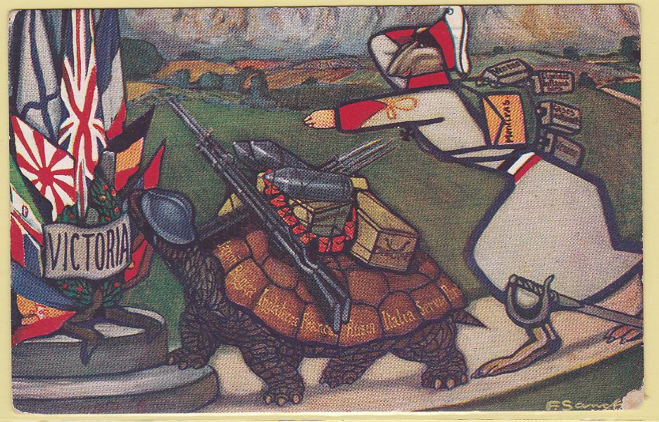 1940.jpg -     Lote:    1940      Lotes pelo Correio             Descrição:         Ilustradores. As Fábulas de Esopo Modernizadas, * A tartaruga e a lebre". Sátiras à 1.ª Guerra Mundial. Circulado.        PI       Valor Base:     &euro; 5,00     Valor Venda:     Retirado     