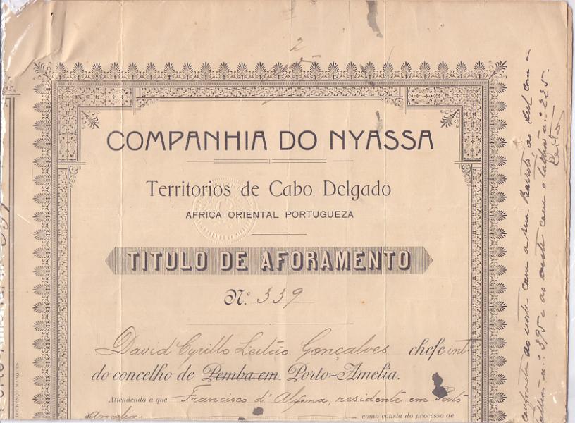 1969.jpg -     Lote:    1969      Lotes pelo Correio             Descrição:         Fiscais. Companhia do Nyassa. 1922 &mdash; Título de Aforamento da Companhia do Nyassa * Porto Amélia, com estampilha do IS PB126, 131 (2) e 132.        DOC       Valor Base:     &euro; 6,00     Valor Venda:     &euro; 9,00     