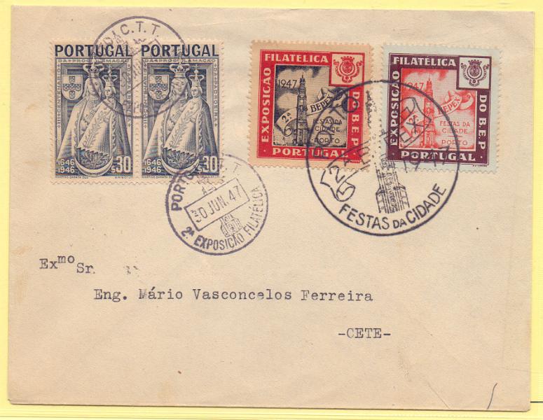 1972.jpg -     Lote:    1972      Lotes pelo Correio             Descrição:         Vinhetas. Portugal. BEPEX. Sobrescrito circulado com par de selos CE673 com as vinhetas alusivas ao evento. MB.        Carta       Valor Base:     &euro; 5,00     Valor Venda:     Retirado     