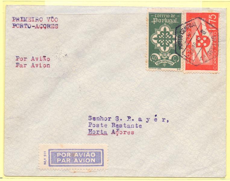 1981.jpg -     Lote:    1981      Lotes pelo Correio      Correio Aéreo       Descrição:         1940 (02.04) &mdash; 1.º Voo Porto &mdash; Açores. Sobrescrito circulado do Porto (02.04.40) para a Horta (03.04.40), com selos CE587 e 1$75CE CA2.        Aéreo       Valor Base:     &euro; 10,00     Valor Venda:     Retirado     