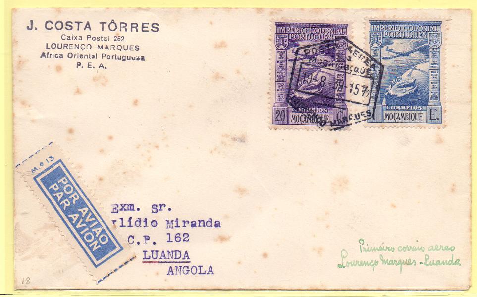 1990.jpg -     Lote:    1990      Lotes pelo Correio      Correio Aéreo       Descrição:         1939 (19.08) &mdash; 1.º Voo da DETA * L. Marques &mdash; Luanda. Sobrescrito circulado de L. Marques (19.08.39) para Luanda (22.08.39) com selos de 20c e 1E CE CA 2 e 4.        Aéreo       Valor Base:     &euro; 12,00     Valor Venda:     &euro; 12,00     