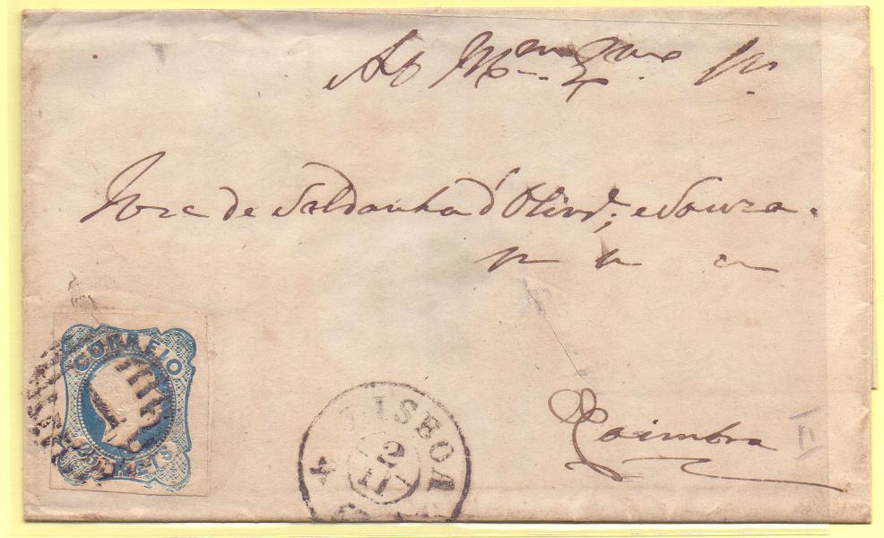 2050.jpg -     Lote:    2050      Lotes pelo Correio      Portugal       Descrição:         1856/58 &mdash; D. Pedro V. Cabelos anelados. CE12, 25 reis com muito boas margens em carta circulada de Lisboa (02.11.57)) para Coimbra. Cortes de desinfeção.        Carta       Valor Base:     &euro; 10,00     Valor Venda:     Retirado     