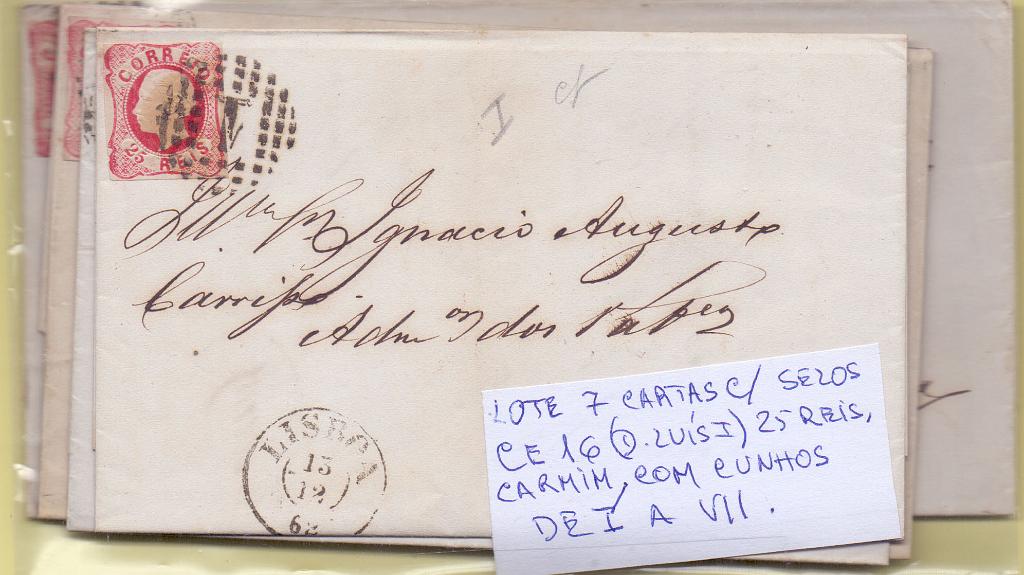 2053.jpg -     Lote:    2053      Lotes pelo Correio      Portugal       Descrição:         1862/64 &mdash; D. Luís I. CE13, 25 reis. Lote de 7 cartas com selos dos cunhos I ao VII. Lote a ver.        Lote       Valor Base:     &euro; 20,00     Valor Venda:     &euro; 20,00     