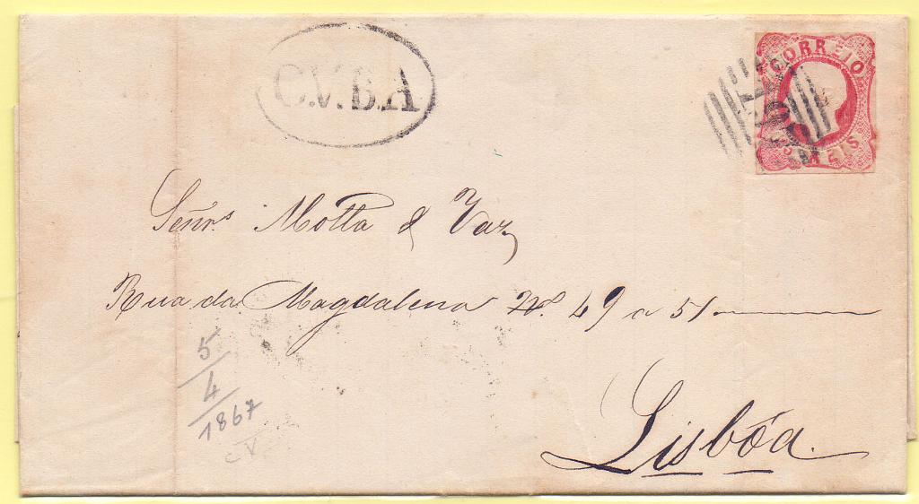 2057.jpg -     Lote:    2057      Lotes pelo Correio      Portugal       Descrição:         1862/64 &mdash; D. Luís I. CE16, 25 reis carmim rosa, em carta datada de Cuba (05.04.67) para Lisboa. Carimbo batido a preto "CUBA".        Carta       Valor Base:     &euro; 8,00     Valor Venda:     Retirado     