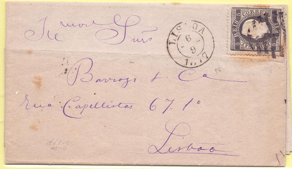 2079.jpg -     Lote:    2079      Lotes pelo Correio      Portugal       Descrição:         1870/76 &mdash; D. Luís I. Fita direita. CE36, 5 reis, denteado 13 &frac12;, em impresso circulado em Lisboa (06.09.77).        Carta       Valor Base:     &euro; 10,00     Valor Venda:     Retirado     