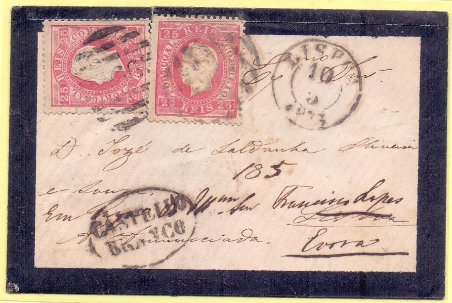 2086.jpg -     Lote:    2086      Lotes pelo Correio      Portugal       Descrição:         1870/76 &mdash; D. Luís I, fita direita. CE40, 25 reis carmim rosa, denteado 12 &frac12;. Dois selos em carta circulada de Castelo Branco para Lisboa (10.05.73). Carimbo nominativo batido a preto de CASTELLO / BRANCO.        Carta       Valor Base:     &euro; 8,00     Valor Venda:     Retirado     