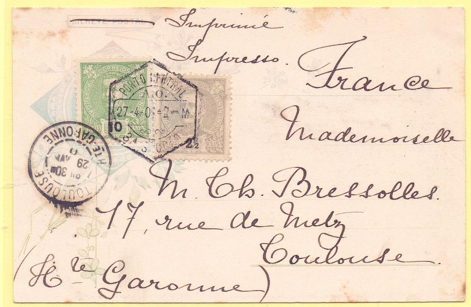 2115.jpg -     Lote:    2115      Lotes pelo Correio      Portugal       Descrição:         .1895/96 &mdash; D. Carlos I Mouchon. Postal ilustrado circulado do Porto (27.04.01) para Toulouse (29.04.01), com selos de 2 &frac12; e 10 reis.126 e 128.        PI       Valor Base:     &euro; 10,00     Valor Venda:     Retirado     